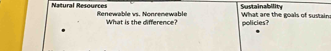 Natural Resources Sustainability 
Renewable vs. Nonrenewable What are the goals of sustaina 
What is the difference? policies?