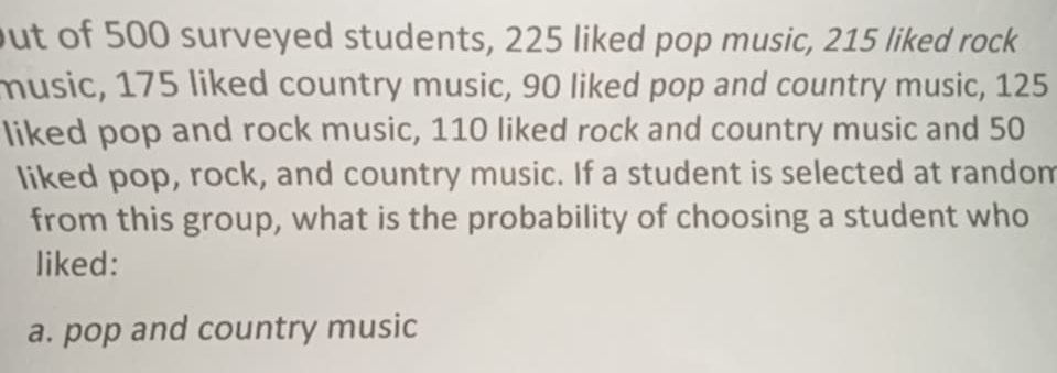 ut of 500 surveyed students, 225 liked pop music, 215 liked rock
music, 175 liked country music, 90 liked pop and country music, 125
liked pop and rock music, 110 liked rock and country music and 50
liked pop, rock, and country music. If a student is selected at random
from this group, what is the probability of choosing a student who
liked:
a. pop and country music