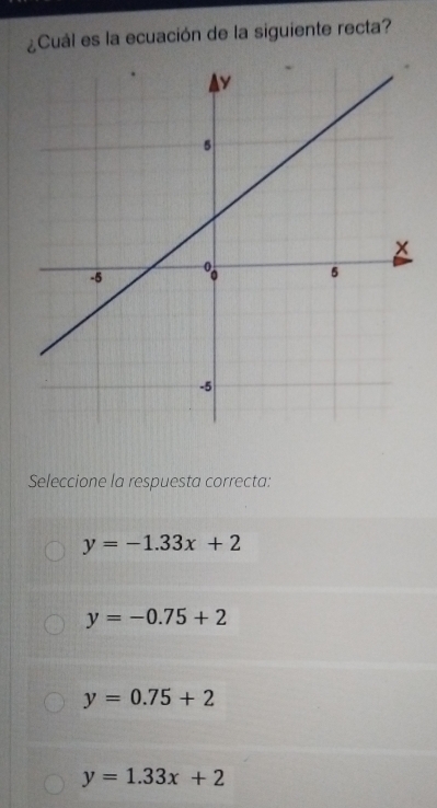 ¿Cuál es la ecuación de la siguiente recta?
Seleccione la respuesta correcta:
y=-1.33x+2
y=-0.75+2
y=0.75+2
y=1.33x+2