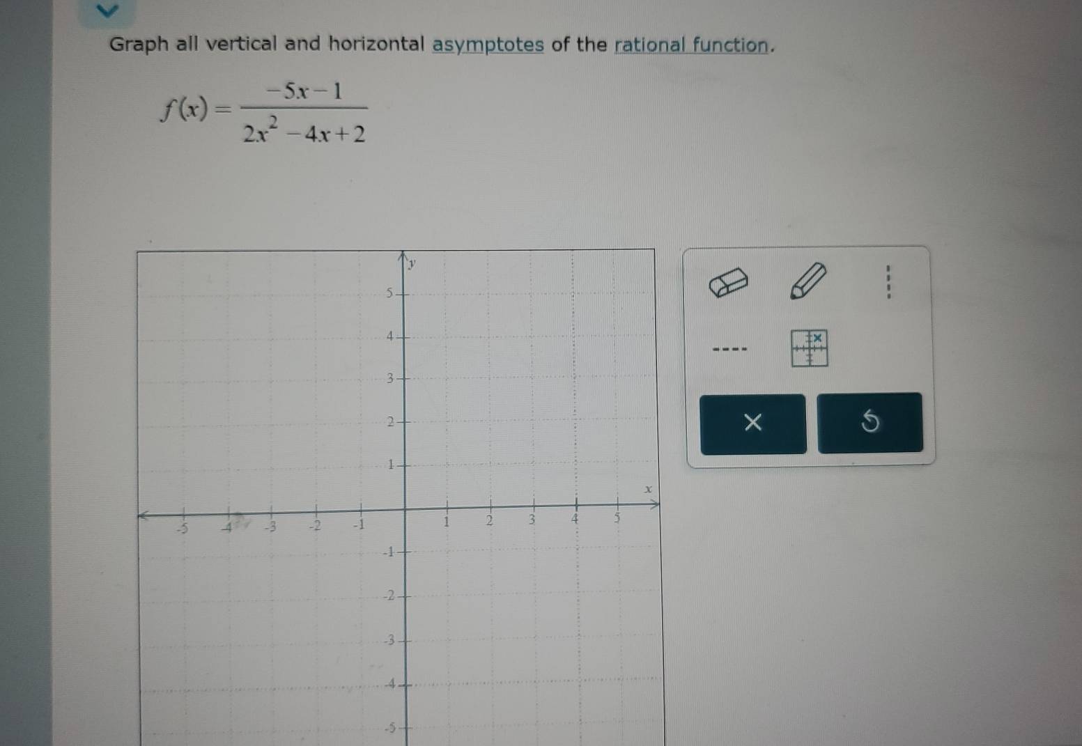 Graph all vertical and horizontal asymptotes of the rational function.
f(x)= (-5x-1)/2x^2-4x+2 
---- 
×
5
-5.