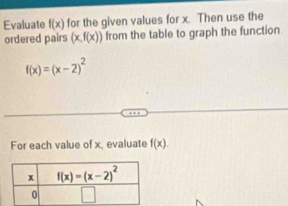 Evaluate f(x) for the given values for x. Then use the
ordered pairs (x,f(x)) from the table to graph the function
f(x)=(x-2)^2
For each value of x, evaluate f(x).