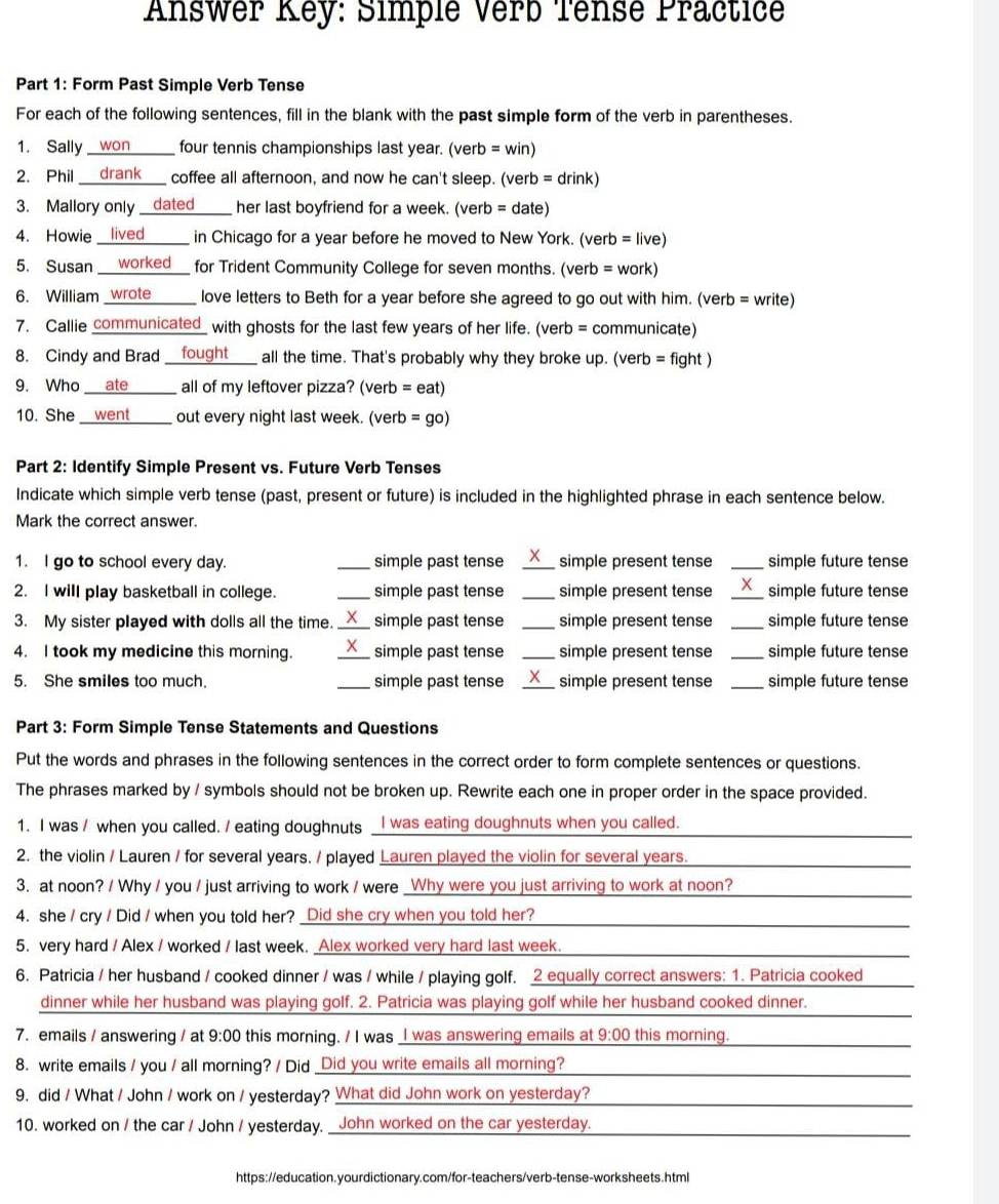 Solved: Answer Key: Simple Verb Tensé Practice Part 1: Form Past Simple ...