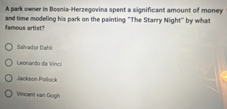 A park owner in Bosnia-Herzegovina spent a significant amount of money
and time modeling his park on the painting “The Starry Night” by what
famous artist?
Salvador Dahli
Leonardo da Vinci
Jackson Pollock
Vincent van Gogh