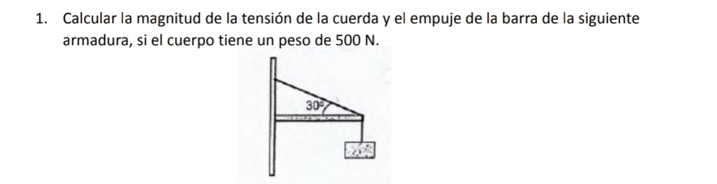 Calcular la magnitud de la tensión de la cuerda y el empuje de la barra de la siguiente 
armadura, si el cuerpo tiene un peso de 500 N.
30°