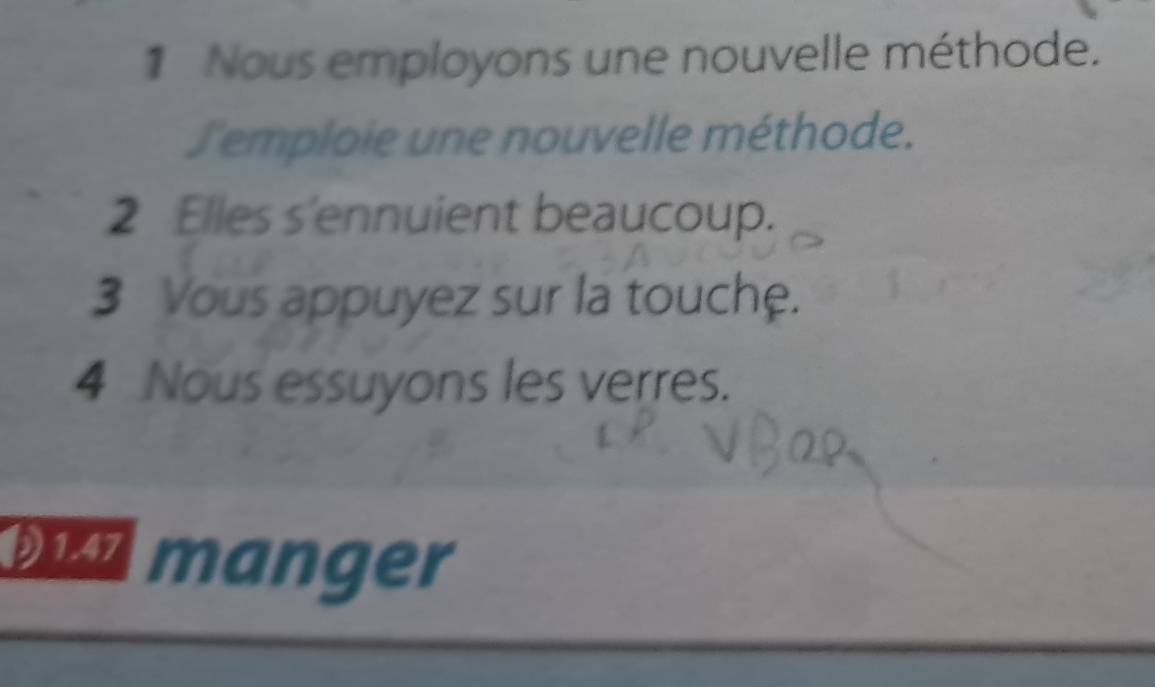 Nous employons une nouvelle méthode. 
l'emploie une nouvelle méthode. 
2 Elles s'ennuient beaucoup. 
3 Vous appuyez sur la touche. 
4 Nous essuyons les verres. 
Dnd manger