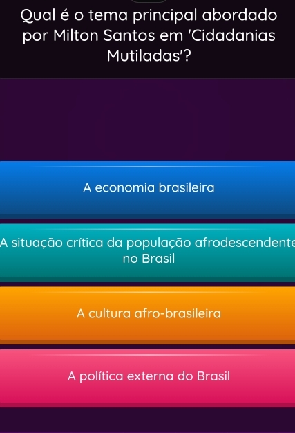 Qual é o tema principal abordado
por Milton Santos em 'Cidadanias
Mutiladas'?
A economia brasileira
A situação crítica da população afrodescendente
no Brasil
A cultura afro-brasileira
A política externa do Brasil