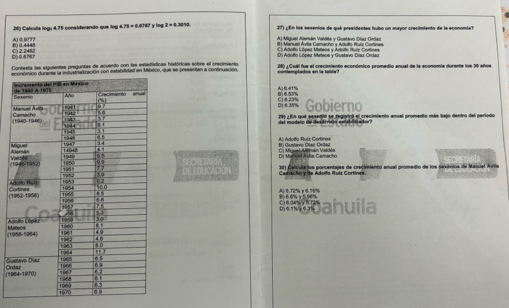 Calcula log₂ 4.75 considerando que log 4.75=0.6767 y log 2=0.3010. O¿En los sexenios de qué presidentes hubo un mayor crecimiento de la economía?
27
A) 0.9777 A) Miguel Alemán Valdés y Gustavo Díaz Ordaz
B) 0.4448 B) Manuel Ávila Camacho y Adolfo Ruíz Cortines
C) 2.2482 C) Adolfo López Mateos y Adolfo Ruiz Cortines
D) 0.6767 D) Adolfo López Mateos y Gustavo Diaz Ordaz
Contesta las siguientes preguntas de acuerdo con las estadísticas históricas sobre el crecimiento  28) / Cuál fue el crecimiento económico promedio anual de la economía durante los 30 años
rialización con estabilidad en México, que se presentan a continuación. contemplados en la tabla?
A) 6.41%
B)6.53%
C) 6.23%
D) 6.35%
Gobierno
29) ¿En qué sexenlo se registró el crecimiento anual promedio más bajo dentro del período
del modelo de desarrollo estabilizador?
A) Adolfo Ruiz Cortines
M B) Gustavo Díaz Ordaz
A  C) Miguel Alemán Valdés
VSECRETARIA D) Manuel Ávila Camacho
30) Calcula los porcentajes de crecimiento anual promedio de los sexenios de Manúel Ávila
DE EDUCACION Camacho y de Adolfo Ruíz Cortines.
A
C
(1 A) 6.72% y 6.16%
B) 6.6% y 5.96%
D) 6.1%γ 6.3% C) 6.04% y 5.72%
A
M
(1
G
Or
(19