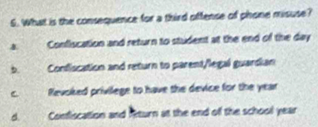 What is the consequence for a third offense of phone misuse?
B Confiscation and return to student at the end of the day
b. Confiscation and return to parent/legal guardkan
C Revoked privilege to have the device for the year
a. Confiscation and lkturn at the end of the school year