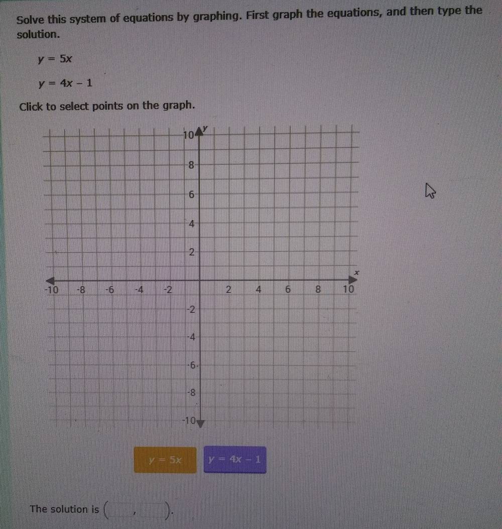 Solve this system of equations by graphing. First graph the equations, and then type the 
solution.
y=5x
y=4x-1
Click to select points on the graph.
y=5x y=4x-1
The solution is (□ ,□ ).