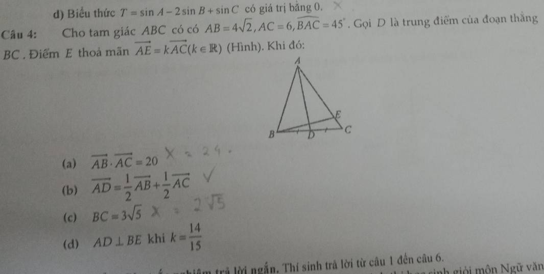 d) Biểu thức T=sin A-2sin B+sin C có giá trị bằng 0.
Câu 4: Cho tam giác ABC có có AB=4sqrt(2), AC=6, widehat BAC=45°. Gọi D là trung điểm của đoạn thắng
BC. Điểm E thoả mãn vector AE=kvector AC(k∈ R) (Hình). Khi đó:
(a) vector AB· vector AC=20
(b) overline AD= 1/2 vector AB+ 1/2 vector AC
(c) BC=3sqrt(5)X
(d) AD⊥ BE khi k= 14/15 
m trả lời ngắn. Thí sinh trả lời từ câu 1 đến câu 6.
giải môn Ngữ văn