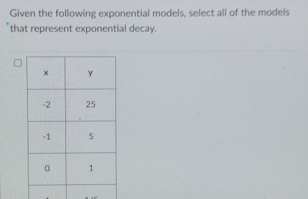 Given the following exponential models, select all of the models 
that represent exponential decay.