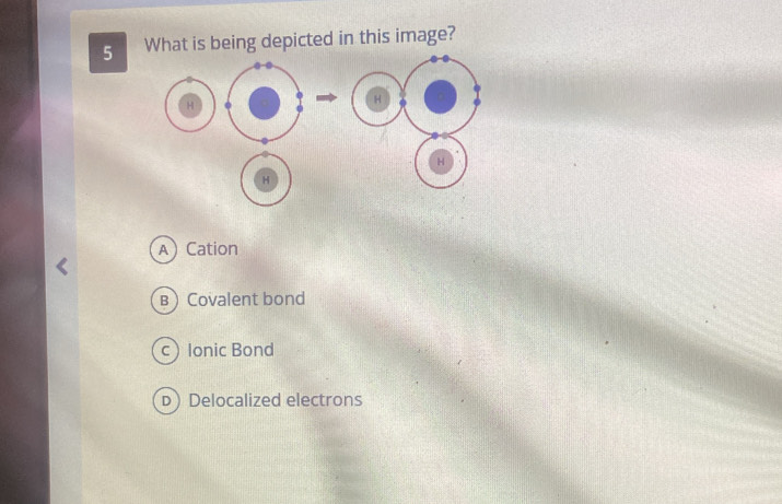 What is being depicted in this image?
H
H
ACation
BCovalent bond
cIonic Bond
DDelocalized electrons