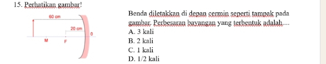 Perhatikan gambar
Benda diletakkan di depan cermin seperti tampak pada
gambar. Perbesaran bayangan yang terbentuk adalah....
A. 3 kali
B. 2 kali
C. 1 kali
D. 1/2 kali