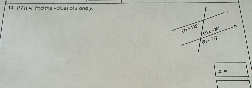 If l||m. , find the values of x and y.
x=