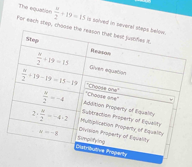 adton
The equation  u/2 +19=15 is solved in sever
For each step, choo