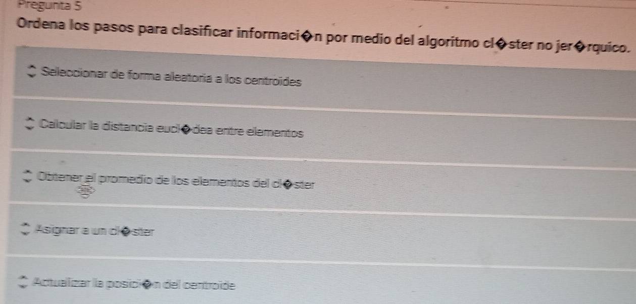 Pregunita 5
Ordena los pasos para clasificar información por medio del algoritmo cléster no jerórquico.
Seleccionar de forma aleatoria a los centróides
Calcular la distancia eucl é dea entre elementos
Obtener el promedio de los elementos del clé ster
Asignar a un clöster
Actualizar la posición del centroide