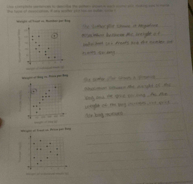 Lisa complate sentences to descrbe the pattern shown in each scatter pfor, making said to name 
the type of association. If any scalter plot has an autler orde it 
Weight of Treat vs. Number per Bag 
2 

s
4 7
Weight of Bog us. Price par Bog 
_
78 000 2 “ 
weight af bag () 
Weight of Great vs. Price per Bag_ 
_ 
_ 
_ 
_ 
he t w a msats ig.