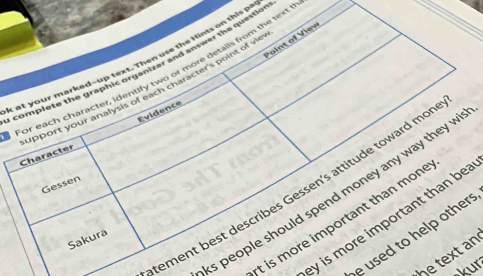 Point of View 
at your marked-up text. Then use the Hints on this p 
complete the graphic organizer and answer the questior 
For each character, identify two or more details from the text 
upport your analysis of each character's point of vie 
Evidence 
Character 
Gessen 
ement best describes Gessen's attitude toward mor 
s people should spend money any way they w 
t is more important than mon 
ey is more important than be 
e used to help other. 
Sakura 
He text an 
ur