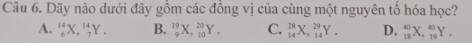 Dãy nào dưới đây gồm các đồng vị của cùng một nguyên tổ hóa học?
A. _6^(14)X, _7^(14)Y. B. _9^(19)X, _(10)^(20)Y. C. _(14)^(28)X, _(14)^(29)Y. D. _(18)^(40)X, _(19)^(40)Y.