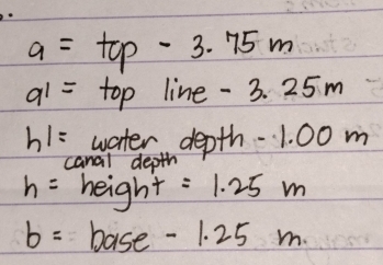 a=tcp-3.75m
a1=top line -3 25m
h1= water depth - 1. 00 m
canal depth
h= height =1.25m
b=base-1.25m