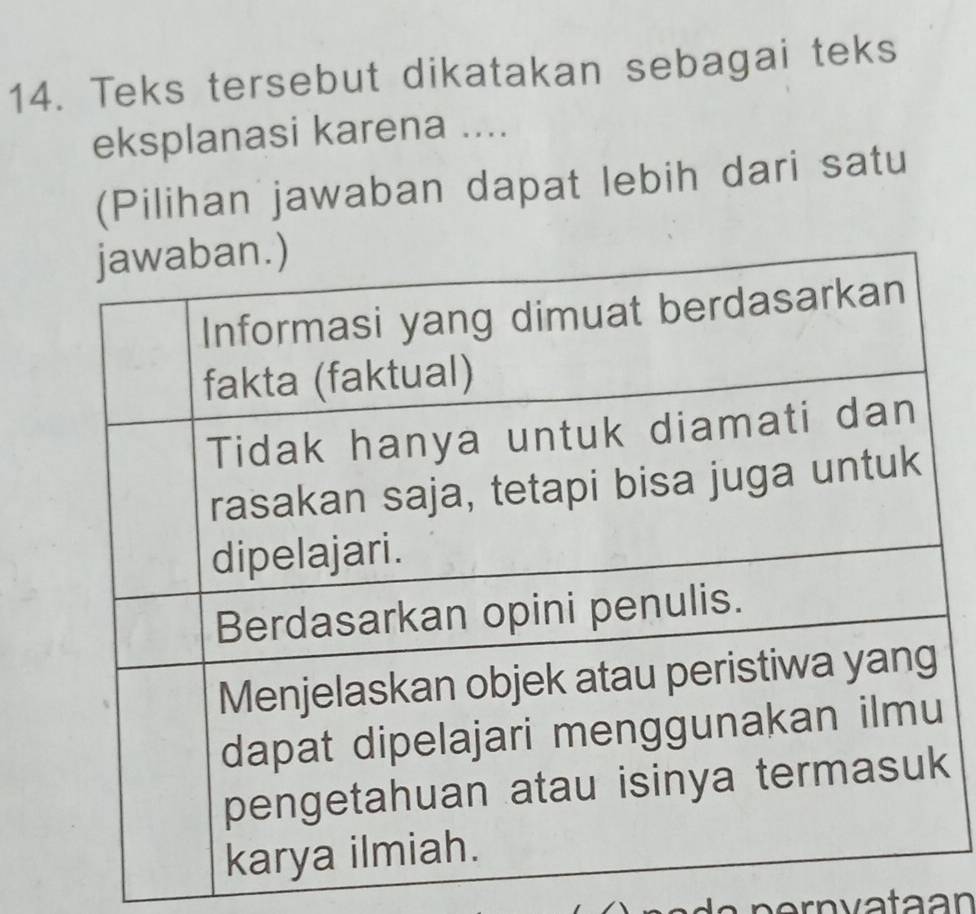 Teks tersebut dikatakan sebagai teks 
eksplanasi karena .... 
(Pilihan jawaban dapat lebih dari satu 
pernvataan