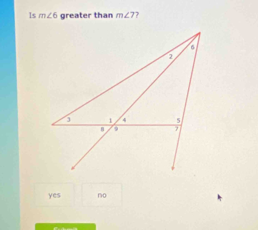 Is m∠ 6 greater than m∠ 7 ?
yes no