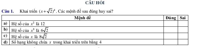 cÂU hỏi
Câu 1. Khai triển (x+sqrt(2))^4 Các mệnh đề sau đúng hay sai?