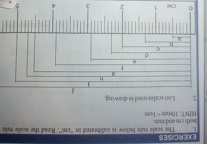 The scale rule below is calibrated in “ cm ”. Read the scale rule 
both cm and mm. 
HINT: 10mm=1cm
2. List scales used in drawing.