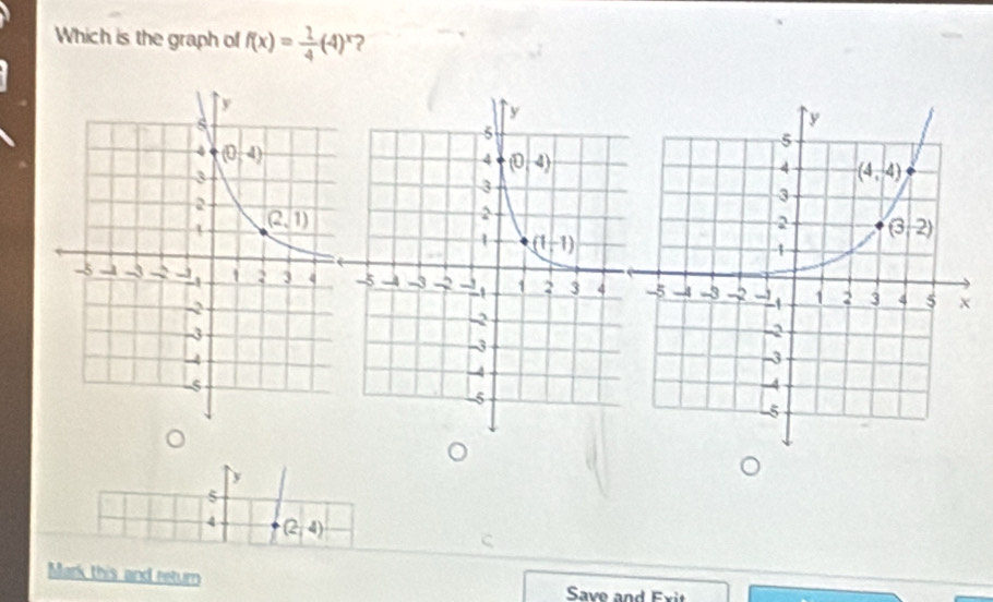 Which is the graph of f(x)= 1/4 (4)^x ?
y
4 .
(2,4)
Mark this and return  Save and Exit