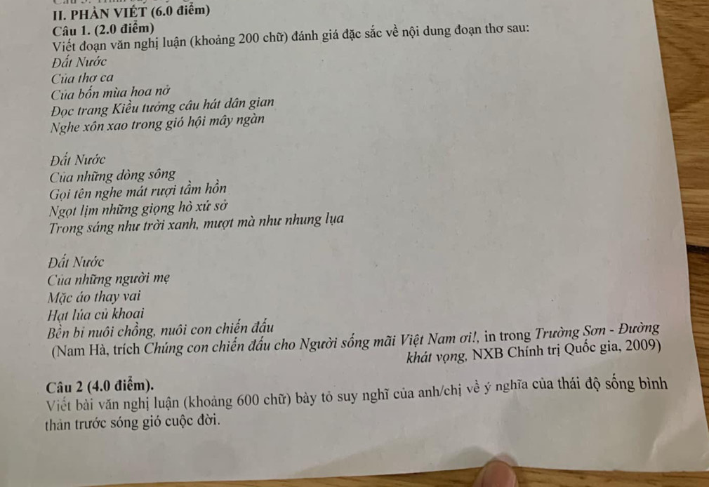 PHÀN VIÉT (6.0 điểm) 
Câu 1. (2.0 điểm) 
Viết đoạn văn nghị luận (khoảng 200 chữ) đánh giá đặc sắc về nội dung đoạn thơ sau: 
Đất Nước 
Của thơ ca 
Của bốn mùa hoa nở 
Đọc trang Kiều tưởng câu hát dân gian 
Nghe xôn xao trong gió hội mây ngàn 
Đất Nước 
Của những dòng sông 
Gọi tên nghe mát rượi tầm hồn 
Ngọt lịm những giọng hò xứ sở 
Trong sáng như trời xanh, mượt mà như nhung lụa 
Đất Nước 
Của những người mẹ 
Mặc áo thay vai 
Hạt lủa củ khoai 
Bền bi nuôi chồng, nuôi con chiến đấu 
(Nam Hà, trích Chúng con chiến đấu cho Người sống mãi Việt Nam ơi!, in trong Trường Şơn - Đường 
khát vọng, NXB Chính trị Quốc gia, 2009) 
Câu 2 (4.0 điểm). 
Viết bài văn nghị luận (khoảng 600 chữ) bày tỏ suy nghĩ của anh/chị về ý nghĩa của thái độ sống bình 
thàn trước sóng gió cuộc đời.