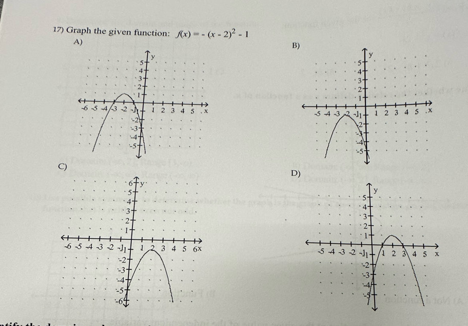 Graph the given function: f(x)=-(x-2)^2-1
A) 
B 

C) 
D)