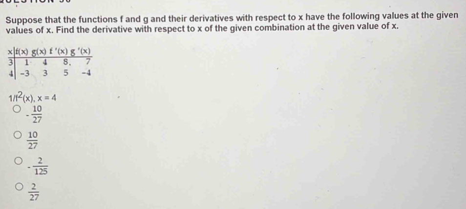 Suppose that the functions f and g and their derivatives with respect to x have the following values at the given
values of x. Find the derivative with respect to x of the given combination at the given value of x.
1/f^2(x),x=4
- 10/27 
 10/27 
- 2/125 
 2/27 