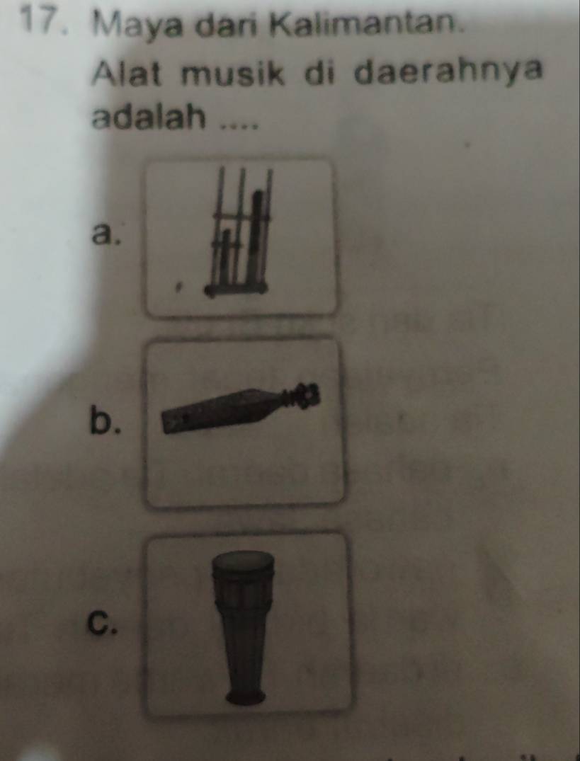 Maya dari Kalimantan. 
Alat musik di daerahnya 
adalah .... 
a. 
b. 
C.