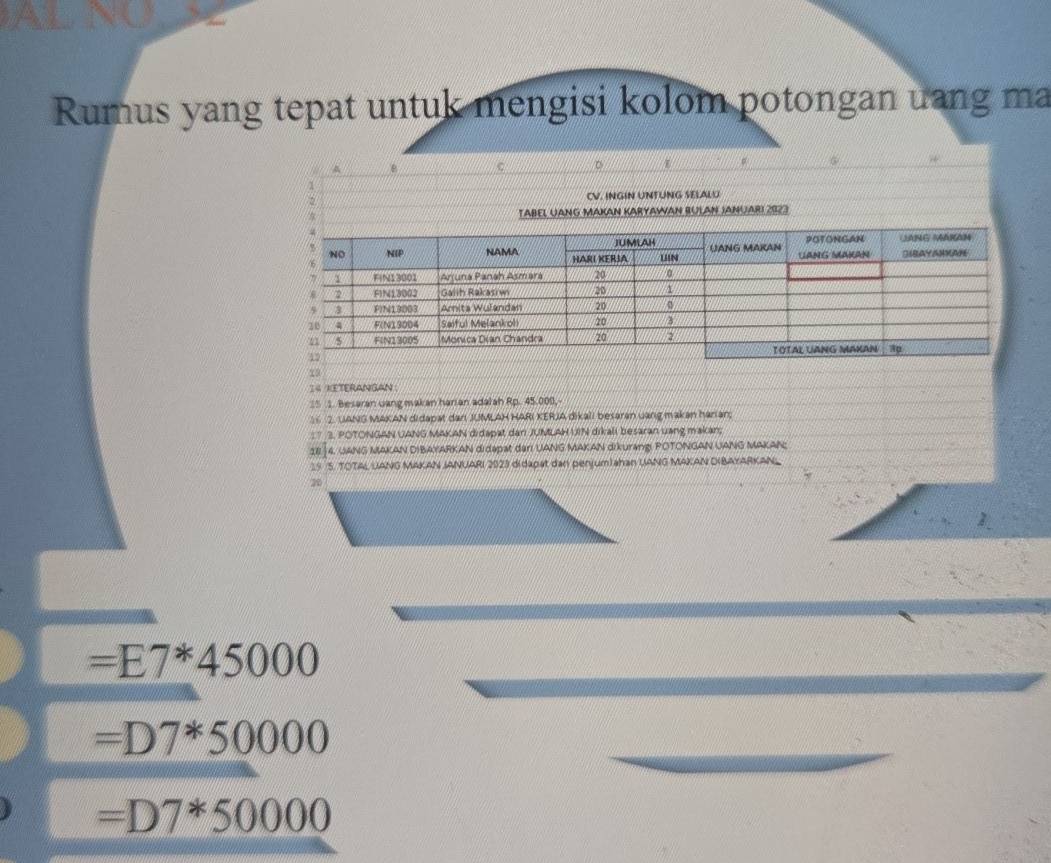 Rumus yang tepat untuk mengisi kolom potongan uang ma
A B C 。
1
CV. INGIN UNTUNG SELALU
TABEL UANG MAKAN KARYAWAN BULAN JANUARI 2023
15 1. Besaran uang makan haran adalah Rp. 45.000, -
16 2. UANG MAKAN didapat dan JUMLAH HARI KERJA dikali besaren uang makan harian;
7 3. POTONGAN UANG MAKAN didapat dan JUMLAH UIN dikali besaran uang makan;
18 §4. UANG MAKAN DIBAYARKAN didepat der! UANG MAKAN dikurang! POTONGAN UANG MAKAN
15 /5. TOTAL UANG MAKAN JANUARI 2023 didapat dan penjum)ahan UANG MAKAN DIBAYARKANL
=E7*45000
=D7^*50000
=D7^*50000