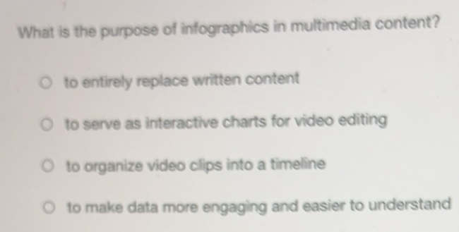 Solved: What is the purpose of infographics in multimedia content? to ...