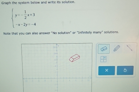 Graph the system below and write its solution.
beginarrayl y=- 1/2 x+3 -x-2y=-4endarray.
Note that you can also answer "No solution" or "Infinitely many" solutions.
 □ x/□  
×