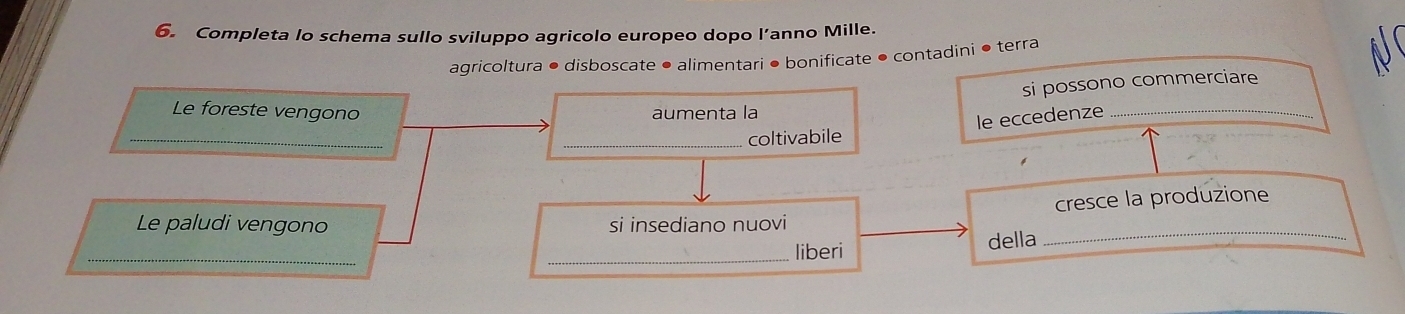 Completa lo schema sullo sviluppo agricolo europeo dopo l’anno Mille. 
agricoltura ● disboscate ● alimentari ● bonificate ● contadini ● terra 
si possono commerciare 
Le foreste vengono aumenta la 
_ 
le eccedenze_ 
_coltivabile 
cresce la produzione 
Le paludi vengono si insediano nuovi 
_ 
_ 
_liberi della