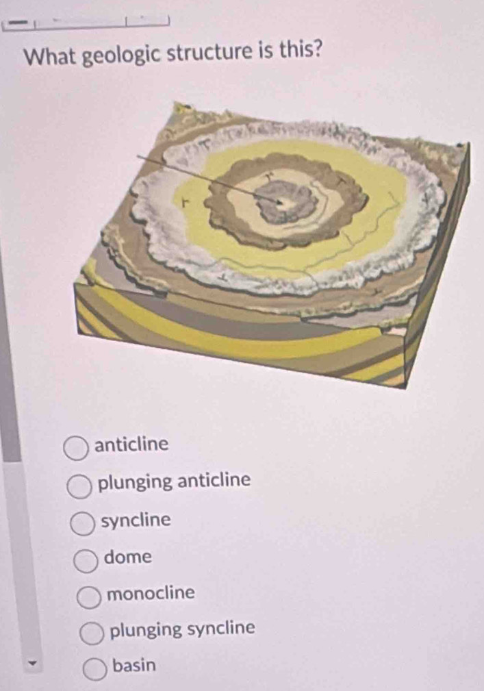 What geologic structure is this?
anticline
plunging anticline
syncline
dome
monocline
plunging syncline
basin