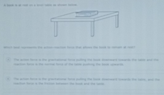 À book is at rest un a lnel sabler ss showi below
Which best ruresents the action-reaction foroe that allows the book to remain at rest?
The actien fors is the gravitational fror pulling the book downward towards the table and the
reaction firce is the normal force of the table pushing the book upwards.
n The action force is the grantational force pulling the book downward towards the table; and the
neaction force is the fnction between the book and the table.