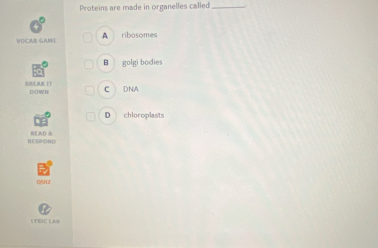 Proteins are made in organelles called _.
VOCAB GAME A ribosomes
B  golgi bodies
BREAK IT
DOWN C DNA
D chloroplasts
READ &
RESPOND
QUIZ
LYRIC LAB