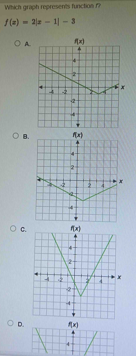 Which graph represents function /?
f(x)=2|x-1|-3
A.
B.
C.
D