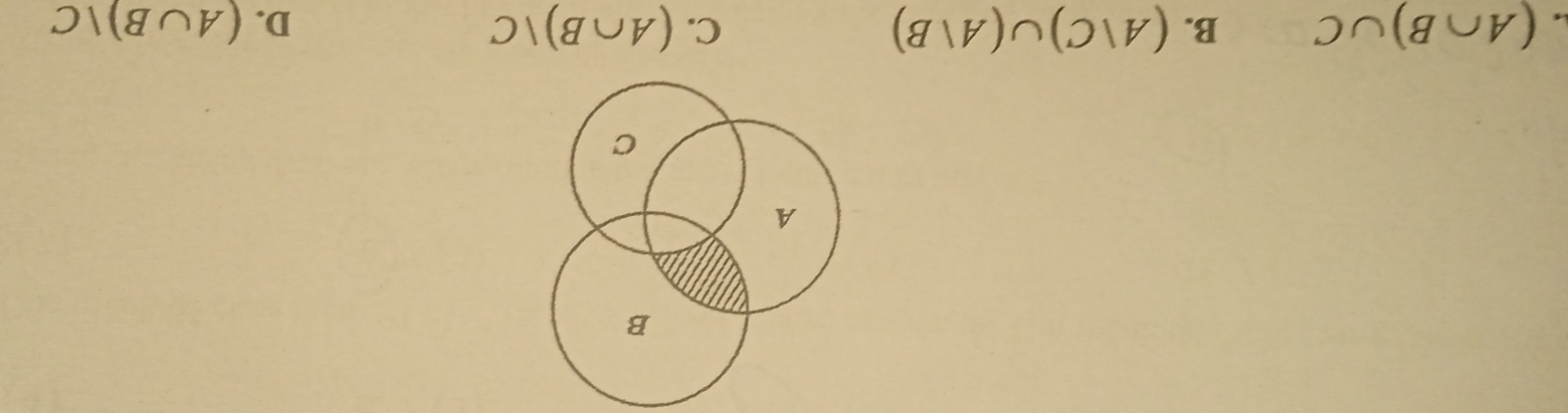 B
A
C
(A∩ B)∪ C B. (A|C)∪ (A|B) C. (A∩ B)vee C D. (A∪ B)vee C