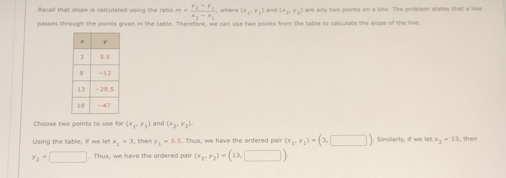 Recall that slope is calculated using the ratio m=frac y_2-y_1x_2-x_1 , where (x_1,y_1) and (x_2,y_2) are any two points on a line. The problem states that a line
passes through the points given in the table. Therefore, we can use two points from the table to calculate the slope of the line.
Choose two points to use for (x_1,y_1) and (x_2,y_2).
Using the table, if we let x_1=3 , then y_1=5.5. Thus, we have the ordered pair (x_1,y_1)=(3,□ ). Similarly, if we let x_2=13 , then
y_2=□. Thus, we have the ordered pair (x_2,y_2)=(13,□ ).