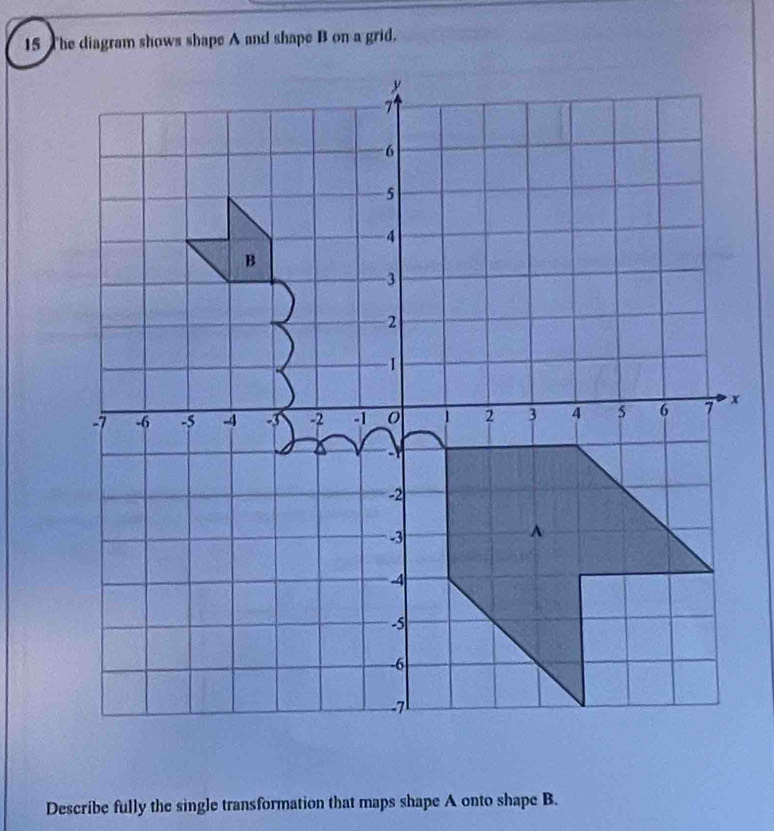 The diagram shows shape A and shape B on a grid.
x

6
-5
-4
B
3
2
-1
-7 -6 -5 -4 -3 -2 -1 0 1 2 3 4 5 6 7 x
-2
-3
^
4
-5
-6
-7
Describe fully the single transformation that maps shape A onto shape B.