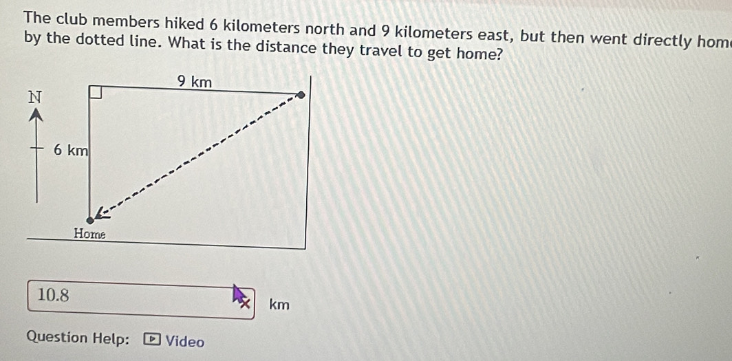 The club members hiked 6 kilometers north and 9 kilometers east, but then went directly hom 
by the dotted line. What is the distance they travel to get home?
10.8
km
Question Help: Video