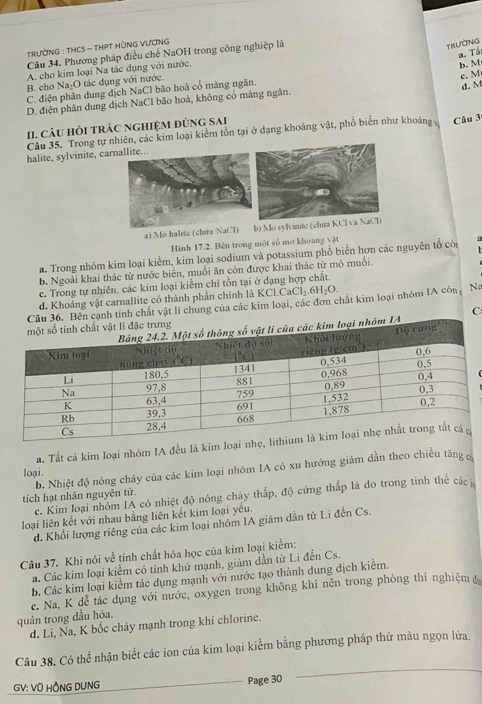 TRƯỜNG : THCS - THPT HÒNG VƯƠNG
a. Tất
Câu 34. Phương pháp điều chế NaOH trong công nghiệp là
TRƯờNG
A. cho kim loại Na tác dụng với nước.
b. M
B. cho Na₂O tác dụng với nước.
C. điện phân dung dịch NaCl bão hoà cổ màng ngăn.
d. M
D. điện phân dung dịch NaCl bão hoà, không cổ màng ngăn. c. M
II. câU hỏi trÁc nghIệm đứng sai
Câu 35. Trong tự nhiên, các kim loại kiểm tồn tại ở dạng khoáng vật, phổ biến như khoáng và  Câu 3
halite, sylvinite, ca
a) Mo halite
Hình 17.2. Bên trong một số mở khoáng vật

a. Trong nhóm kim loại kiểm, kim loại sodium và potassium phổ biến hơn các nguyên tố còi a
b. Ngoài khai thác từ nước biển, muối ăn còn được khai thác từ mỏ muối.
c. Trong tự nhiên. các kim loại kiểm chỉ tồn tại ở dạng hợp chất.
d. Khoáng vật carnallite có thành phần chính là KC CaCl_2.6H_2O.
tính chất vật lí chung của các kim loại, các đơn chất kim loại nhóm IA còn Na
C
a. Tất cả kim loại nhóm IA đều là kim loạ
b. Nhiệt độ nóng chảy của các kim loại nhóm IA có xu hướng giảm dần theo chiều tăng cử
loại.
tích hạt nhân nguyên tử.
c. Kim loại nhóm IA có nhiệt độ nóng chảy thấp, độ cứng thấp là do trong tinh thể các ị
loại liên kết với nhau bằng liên kết kim loại yếu.
d. Khối lượng riêng của các kim loại nhóm IA giảm dần từ Li đến Cs.
Câu 37. Khi nói về tính chất hóa học của kim loại kiềm:
a. Các kim loại kiểm có tính khử mạnh, giảm dần từ Li đến Cs.
b. Các kim loại kiềm tác dụng mạnh với nước tạo thành dung dịch kiềm.
c. Na, K đễ tác dụng với nước, oxygen trong không khí nên trong phòng thí nghiệm dự
quản trong đầu hỏa.
d. Li, Na, K bốc cháy mạnh trong khí chlorine.
Câu 38. Có thể nhận biết các ion của kim loại kiểm bằng phương pháp thử màu ngọn lửa.
GV: VÜ HỒNG DUNG
Page 30