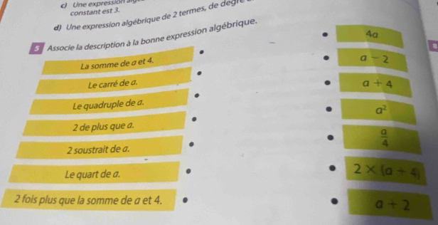 Une expressión al
constant est 3.
d) Une expression algébrique de 2 termes, de degle
4a
5 Associe la description à la bonne expression algébrique.
La somme de a et 4.
a-2
Le carré de a.
a+4
Le quadruple de a.
a^2
2 de plus que a.
 a/4 
2 soustrait de a.
Le quart de a. 2* (a+4)
2 fois plus que la somme de a et 4.
a+2