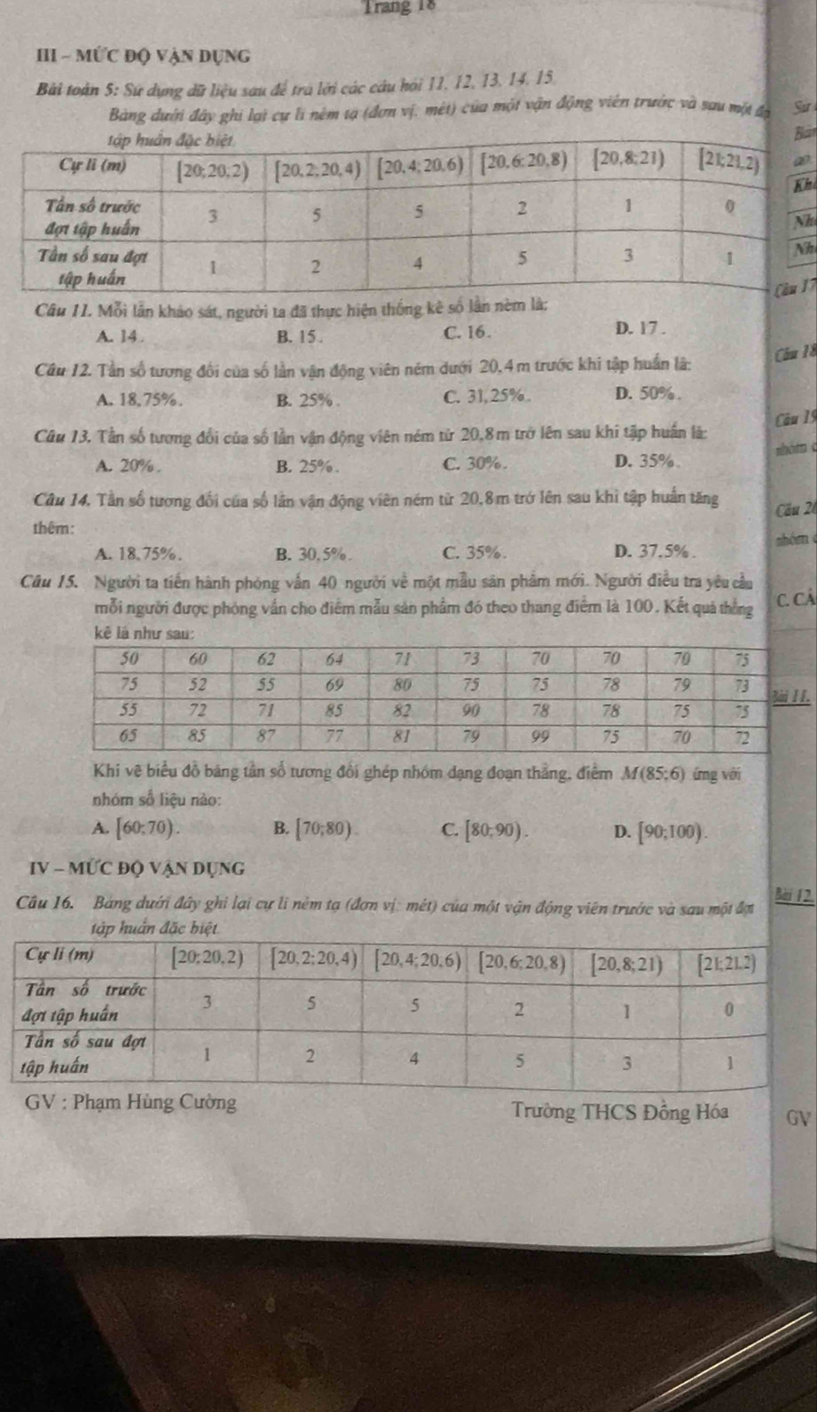 Trang 18
III - MỨC độ vận Dụng
Bài toàn 5: Sứ dụng dữ liệu sau để tra lời các câu hỏi 11, 12, 13, 14. 15.
Bảng dưới đây ghi lại cự li nêm tạ (đơn vị, mét) của một vận động viên trước và sau một đạ Sit
in
hi
h
h
17
Câu 11. Mỗi lần khảo sát, người ta đã thực hiện thống kê số lần nèm là:
A. 14. B. 15 . C. 16.
D. 17 .
Câu 12. Tần số tương đối của số lần vận động viên ném dưới 20,4 m trước khi tập huấn là: Câu 18
A. 18,75%. B. 25% . C. 31,25%. D. 50% .
Câu 13. Tần số tương đổi của số lần vận động viên ném từ 20,8m trở lên sau khi tập huấn là: Câu 19
shóm c
A. 20% . B. 25% . C. 30%. D. 35%
Câu 14, Tần số tương đối của số lần vận động viên ném từ 20,8m trở lên sau khỉ tập huấn tăng
Cầ u 2
thêm:
A. 18.75%. B. 30, 5% . C. 35%. D. 37.5% . hóm 
Câu 15. Người ta tiến hành phóng vấn 40 người về một mẫu sân phẩm mới. Người điều tra yêu cầu
mỗi người được phỏng vấn cho điểm mẫu sản phẩm đó theo thang điểm là 100. Kết quả thống C. Cá
kê là như sau:
.
Khi vẽ biểu đồ bảng tần số tương đổi ghép nhóm dạng đoạn thẳng, điểm M(85;6) ứng với
nhóm số liệu nào:
A. [60:70). B. [70;80). C. [80,90). D. [90;100).
IV-MU C độ vận dụng
Câu 16. Bảng dưới đây ghi lại cự li ném tạ (đơn vị: mét) của một vận động viên trước và sau một đợt Bài 12.
tập huấn đặc biệt
GV : Phạm Hùng Cường Trường THCS Đồng Hóa GV