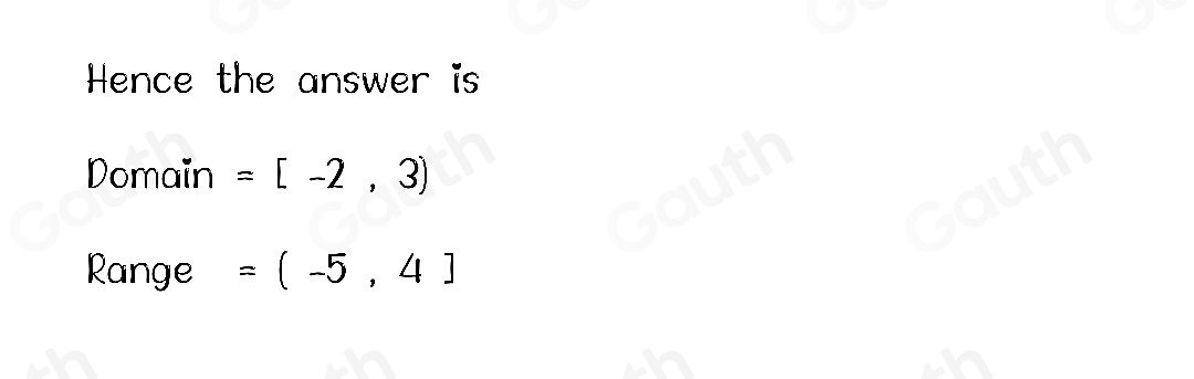 Hence the answer is 
Domain =[-2,3)
Range =(-5,4]