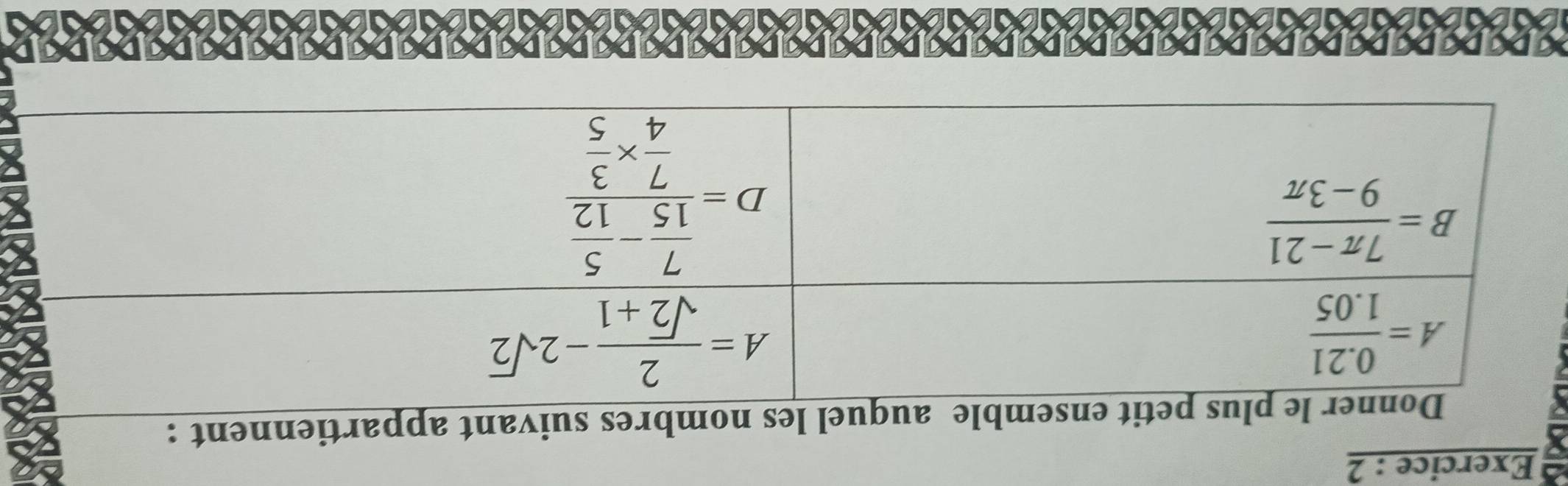 Exercice : 2
les nombres suivant appartiennent :